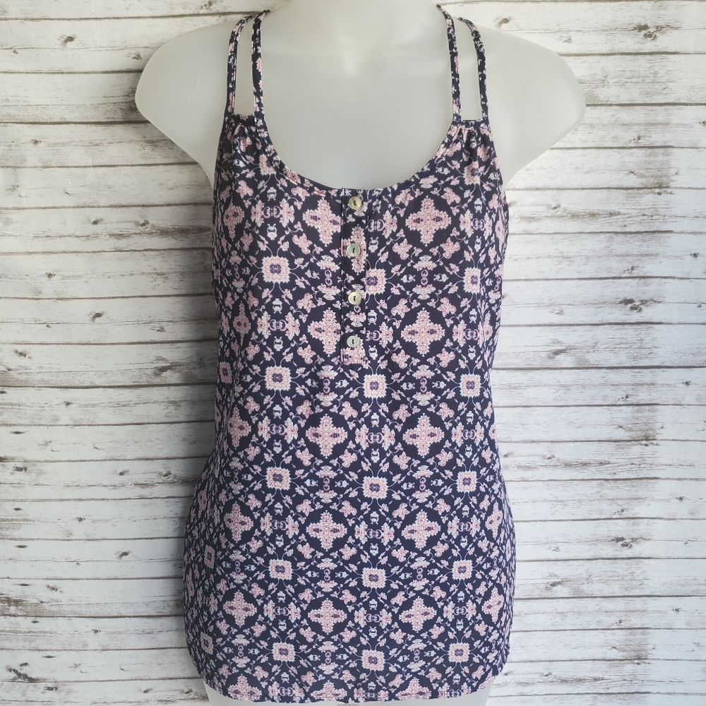 Hippie Rose Navy Blue and Light Pink Printed Tank Top